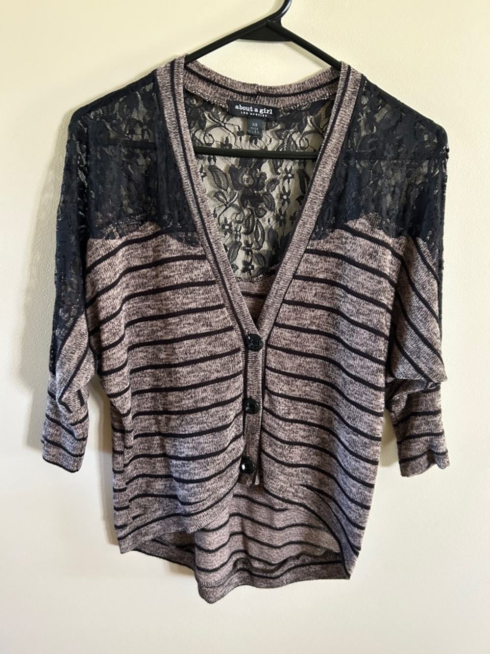 About A Girl Tan & Black Stripe 3/4 Length Cardigan with Black Lace Yoke